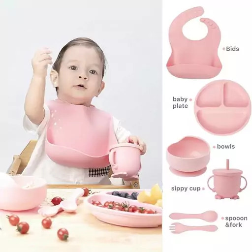 ست ۷ تکه ظرف غذا سیلیکونی کودک (رنگ صورتی) (ظرف غذا سیلیکونی کامل)