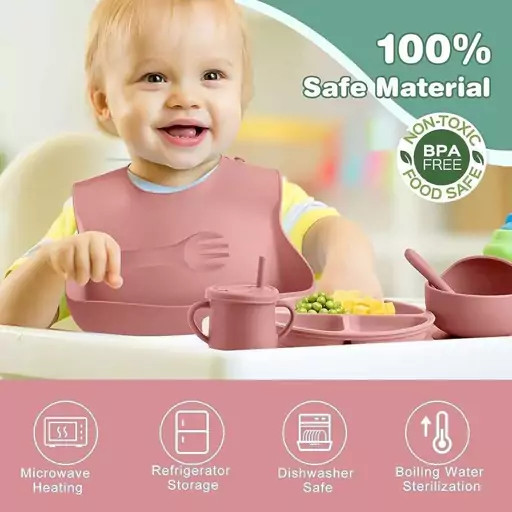 ست ۷ تکه ظرف غذا سیلیکونی کودک (رنگ صورتی) (ظرف غذا سیلیکونی کامل)
