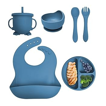 ست ۷ تکه ظرف غذا سیلیکونی کودک (رنگ صورتی) (ظرف غذا سیلیکونی کامل)