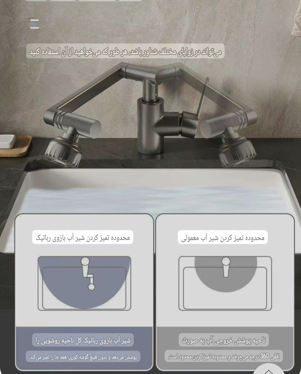 شیر آب تلسکوپی ۳۶۰ درجه روشویی مدل واتر تپ(رنگ طوسی) (شیر متحرک روشویی)
